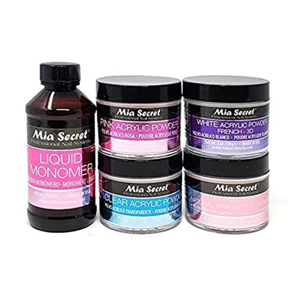 Mia Secret 4 oz Liquid Monomer & Acrylic Powder Set - Pink, Clear, White & Natural 2 oz Each Avelisse