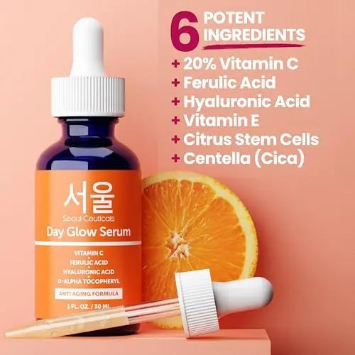 SeoulCeuticals 20% Vitamin C + Hyaluronic Acid Serum with CE Ferulic Acid – Anti Aging & Brightening Korean Face Serum, 1 oz Avelisse