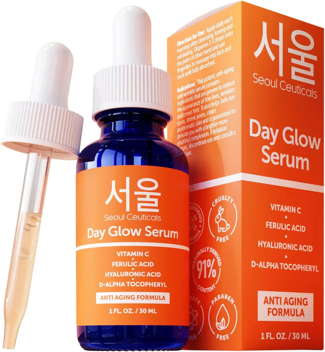SeoulCeuticals 20% Vitamin C + Hyaluronic Acid Serum with CE Ferulic Acid – Anti Aging & Brightening Korean Face Serum, 1 oz Avelisse