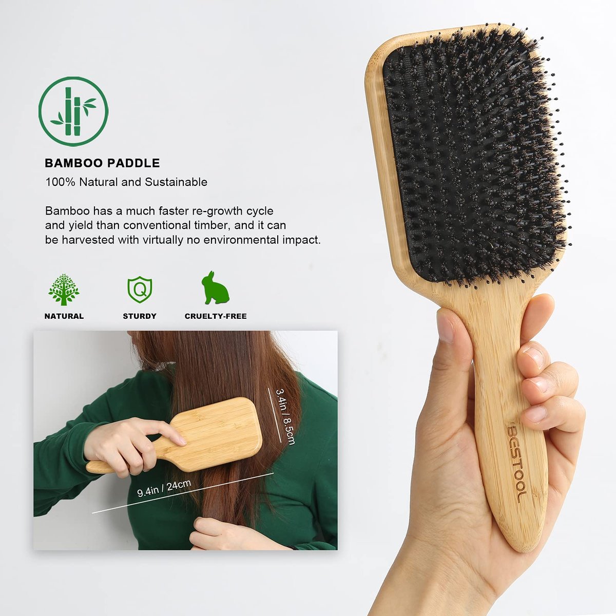 BESTOOL Hair Brush – Boar & Nylon Bristle Brush for All Hair Types (Women, Men, Kids) – Wet/Dry Use – Enhances Shine & Health – Square, Black - görsel 5