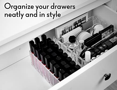 FAJ Acrylic Eyeshadow Palette and Lipgloss Organizer - Clear 27-Slot Makeup Holder for Vanity, Drawer, and Countertop Storage Avelisse