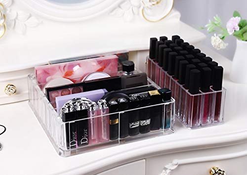 FAJ Acrylic Eyeshadow Palette and Lipgloss Organizer - Clear 27-Slot Makeup Holder for Vanity, Drawer, and Countertop Storage Avelisse