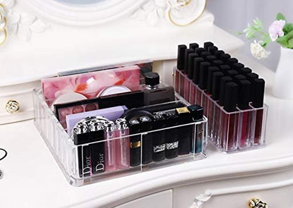 FAJ Acrylic Eyeshadow Palette and Lipgloss Organizer - Clear 27-Slot Makeup Holder for Vanity, Drawer, and Countertop Storage Avelisse