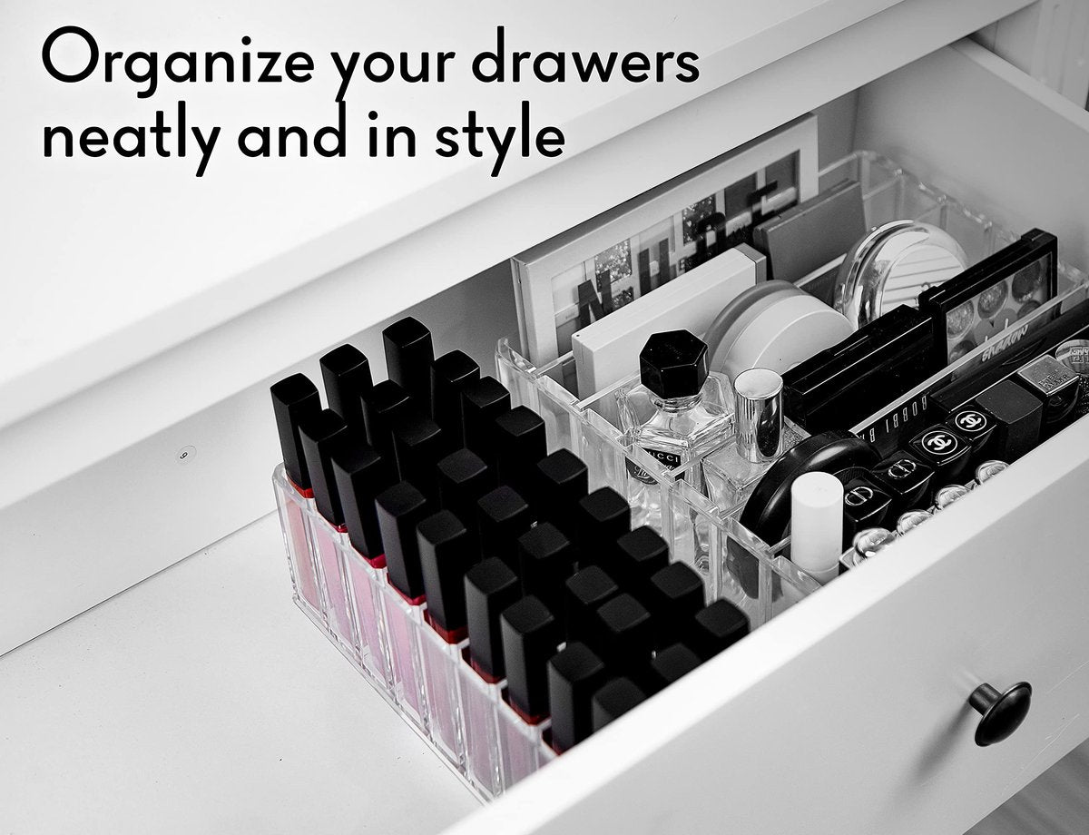 FAJ Acrylic Eyeshadow Palette and Lipgloss Organizer - Clear 27-Slot Makeup Holder for Vanity, Drawer, and Countertop Storage Avelisse