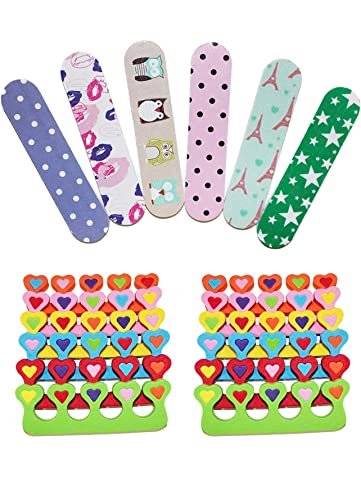 ZMOI 6-Piece Colorful Girly Mini Emery Nail Files + 6-Pair Heart Design Toe Separators Manicure/Pedicure Kit for Kids Spa Party (12-Piece Set) - görsel 2