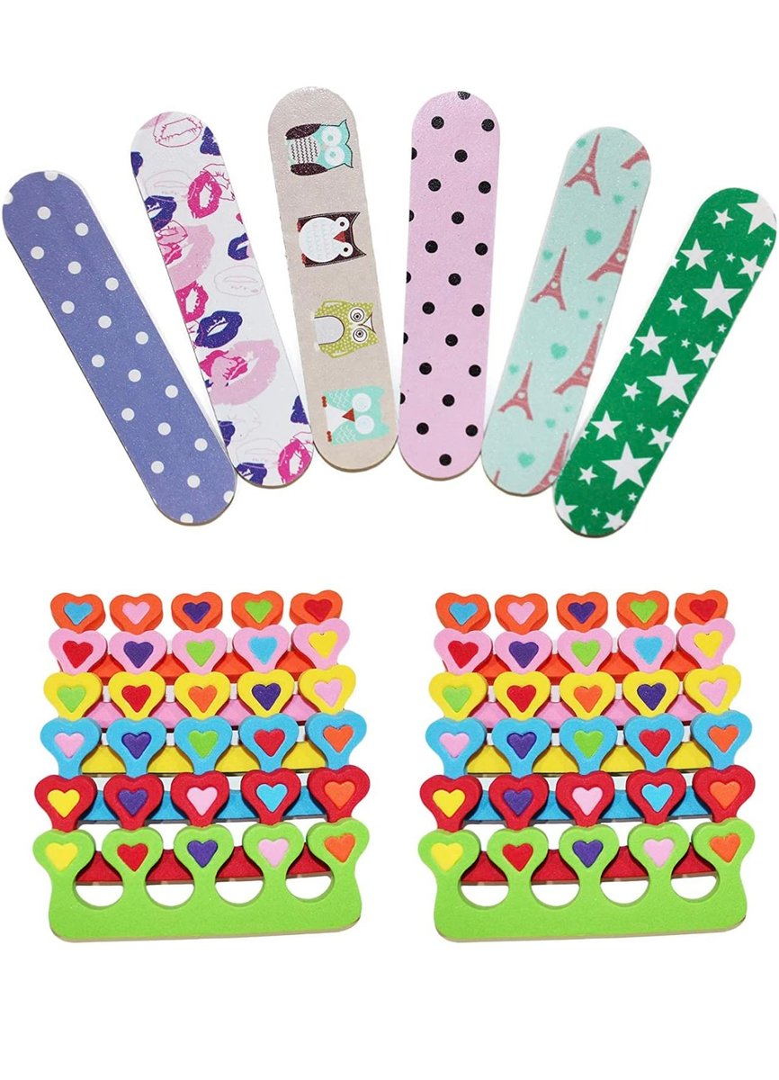 ZMOI 6-Piece Colorful Girly Mini Emery Nail Files + 6-Pair Heart Design Toe Separators Manicure/Pedicure Kit for Kids Spa Party (12-Piece Set) - görsel 1