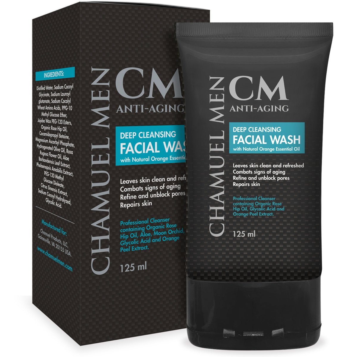 CHAMUEL MEN Anti-Aging Face Cleanser - Deep Cleaning & Exfoliating Men's Face Wash with Organic Rose Hip, Aloe & Glycolic Acid for Oily, Dry, Sensitive or Combination Skin, 125ml - görsel 3