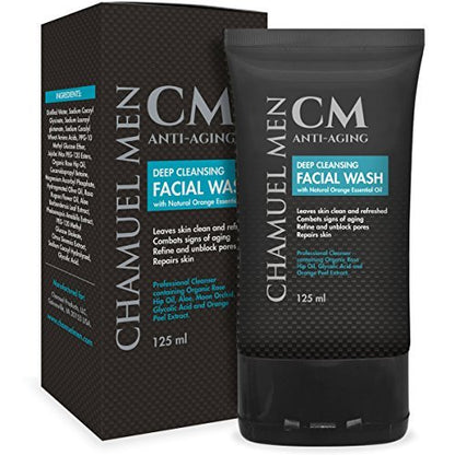 CHAMUEL MEN Anti-Aging Face Cleanser - Deep Cleaning & Exfoliating Men's Face Wash with Organic Rose Hip, Aloe & Glycolic Acid for Oily, Dry, Sensitive or Combination Skin, 125ml