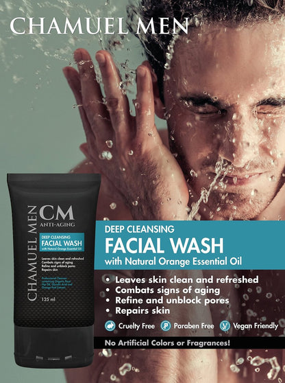 CHAMUEL MEN Anti-Aging Face Cleanser - Deep Cleaning & Exfoliating Men's Face Wash with Organic Rose Hip, Aloe & Glycolic Acid for Oily, Dry, Sensitive or Combination Skin, 125ml