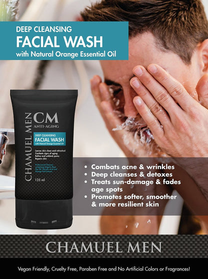 CHAMUEL MEN Anti-Aging Face Cleanser - Deep Cleaning & Exfoliating Men's Face Wash with Organic Rose Hip, Aloe & Glycolic Acid for Oily, Dry, Sensitive or Combination Skin, 125ml