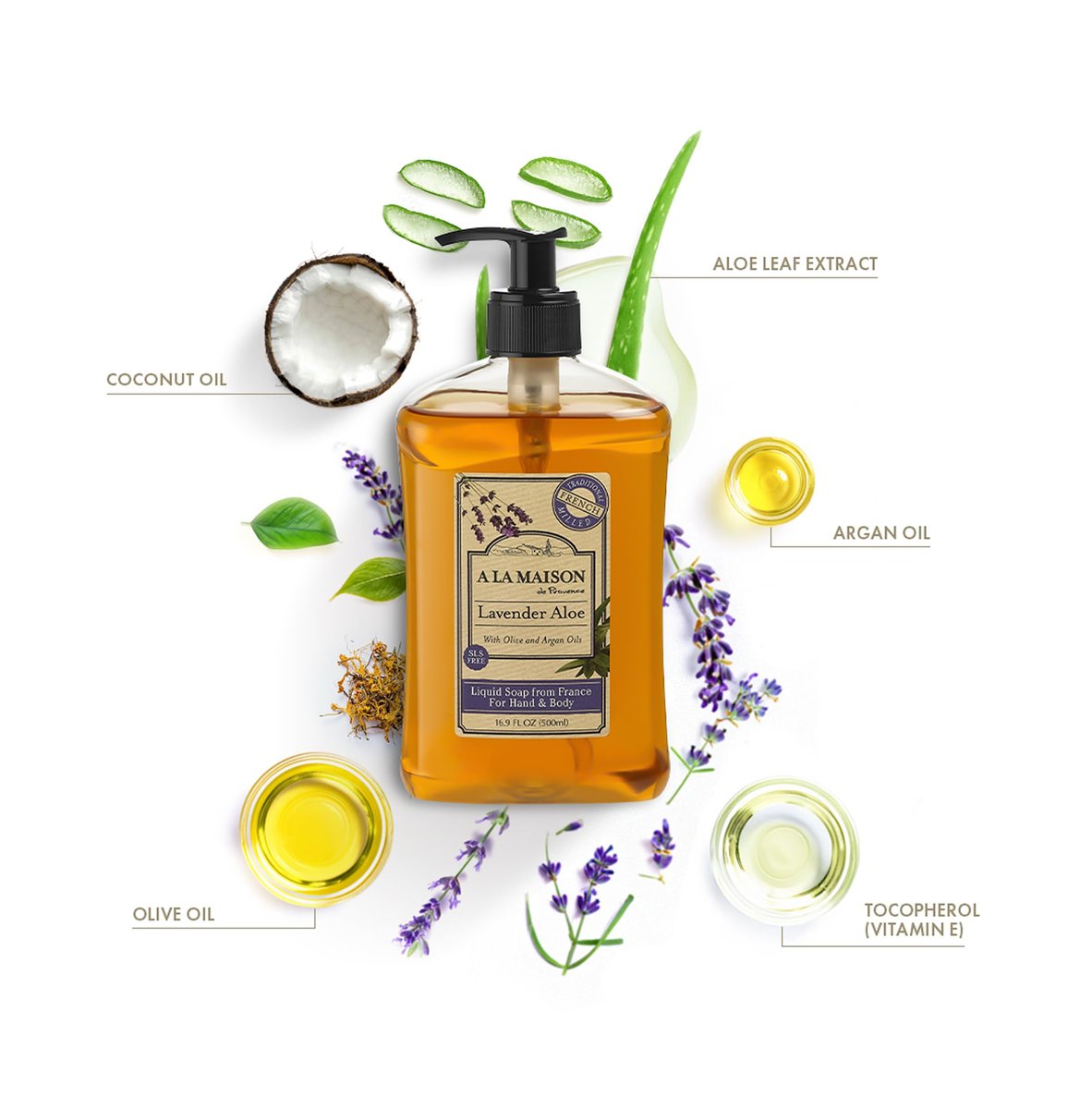 A LA MAISON Lavender Aloe French Liquid Hand Soap - Natural Hand Wash Made with Essential Oils - Biodegradable, Plant-Based, Vegan, Cruelty-Free, Alcohol & Paraben Free (16.9 oz, 2 Pack) Avelisse