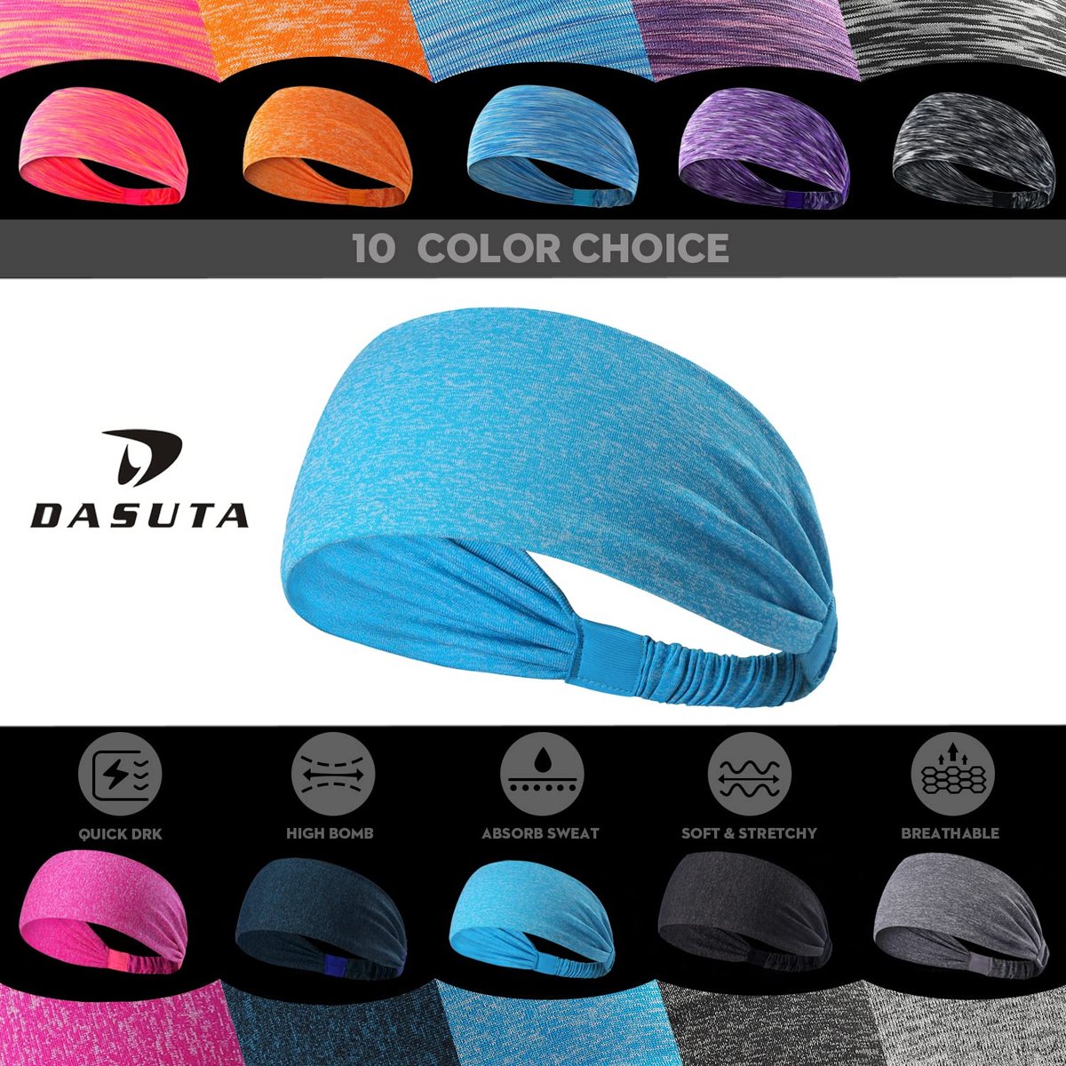 DASUTA 10-Pack Workout Headbands for Women, Men & Kids – Non-Slip Elastic Sports Sweatbands for Yoga, Running, Fitness (Style 3-10 Color) - görsel 3