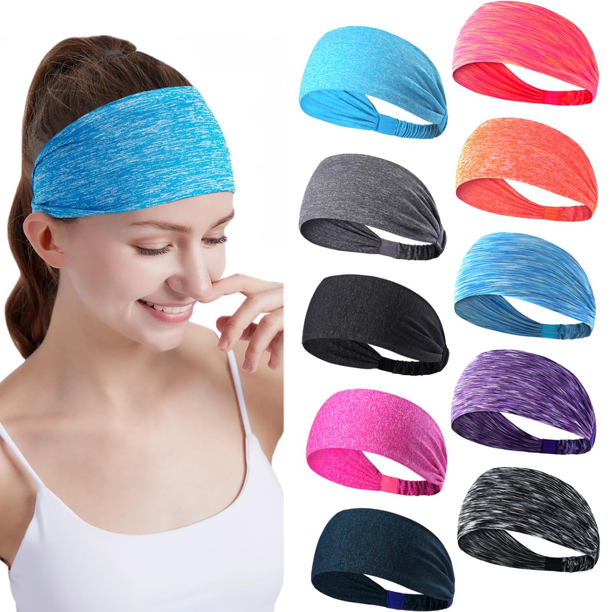 DASUTA 10-Pack Workout Headbands for Women, Men & Kids – Non-Slip Elastic Sports Sweatbands for Yoga, Running, Fitness (Style 3-10 Color) - görsel 1