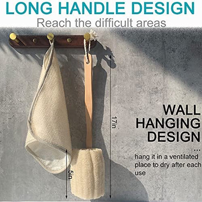 Natural Exfoliating Loofah Bath Brush on a Stick – Long Wooden Handle Back Scrubber for Men & Women, Shower Sponge Body Back Scrubber, Pack of 1 (Off White)
