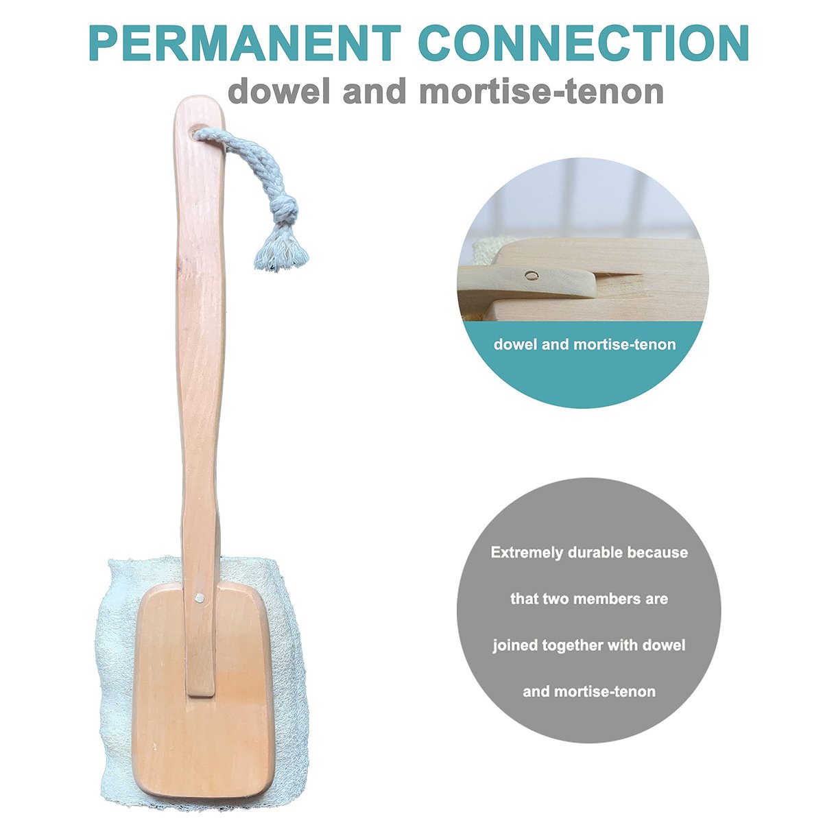 Natural Exfoliating Loofah Bath Brush on a Stick – Long Wooden Handle Back Scrubber for Men & Women, Shower Sponge Body Back Scrubber, Pack of 1 (Off White) - görsel 7