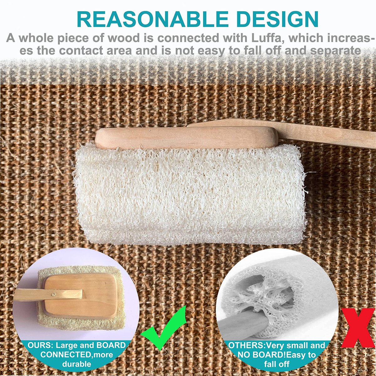Natural Exfoliating Loofah Bath Brush on a Stick – Long Wooden Handle Back Scrubber for Men & Women, Shower Sponge Body Back Scrubber, Pack of 1 (Off White) - görsel 3