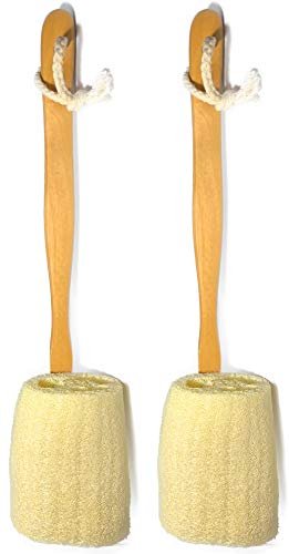 2 Pack Natural Exfoliating Loofah Bath Brush on a Stick – Long Wooden Handle Back Scrubber for Men & Women
