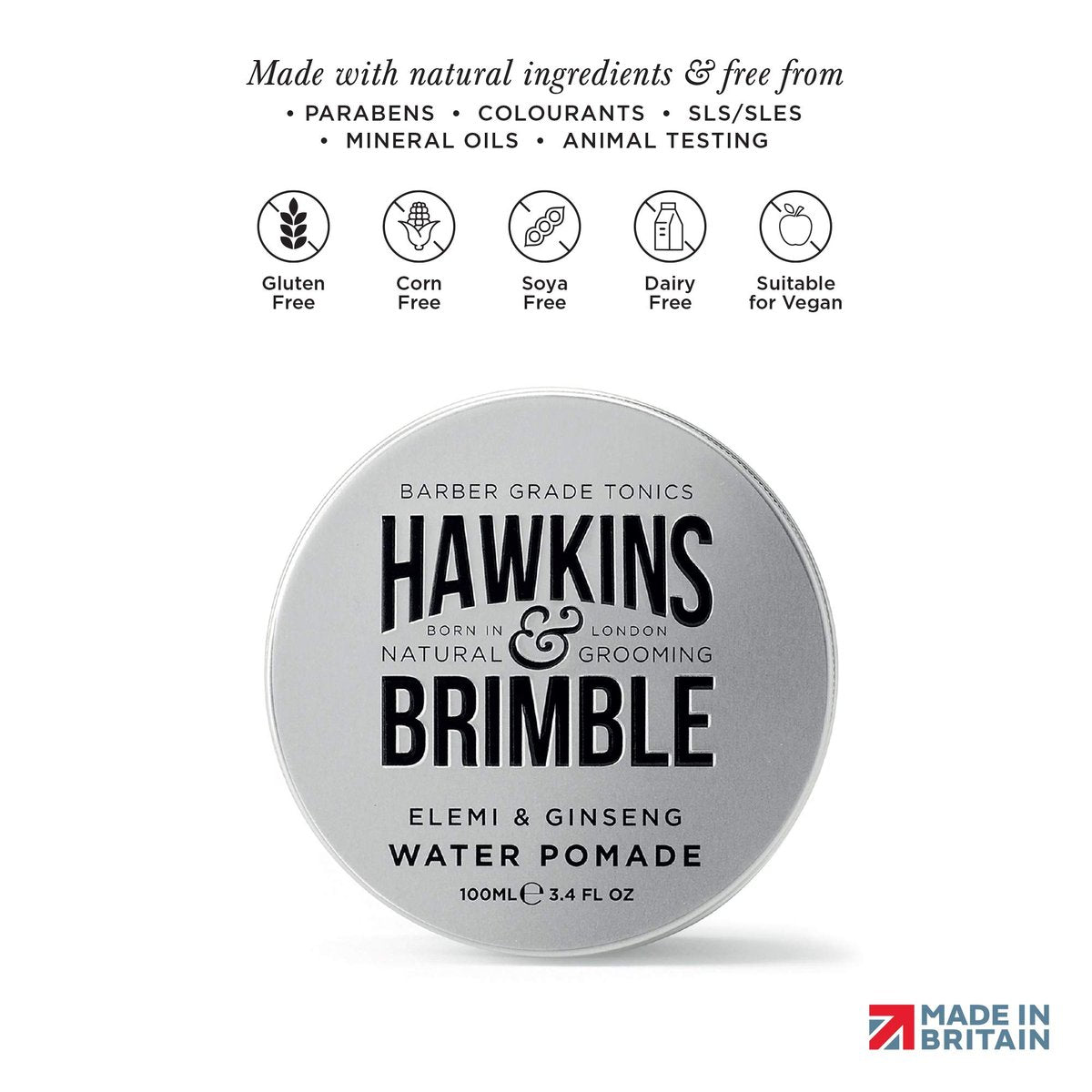 Hawkins & Brimble Strong Hold Hair Pomade for Men - 100ml Water-Based, Firm Hold with Natural Shine, Elemi & Ginseng Scent, Vegan, Easy Wash Avelisse