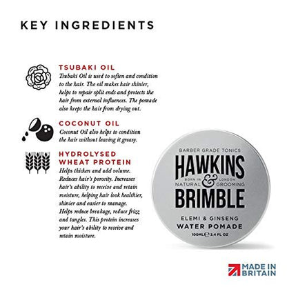 Hawkins & Brimble Strong Hold Hair Pomade for Men - 100ml Water-Based, Firm Hold with Natural Shine, Elemi & Ginseng Scent, Vegan, Easy Wash Avelisse