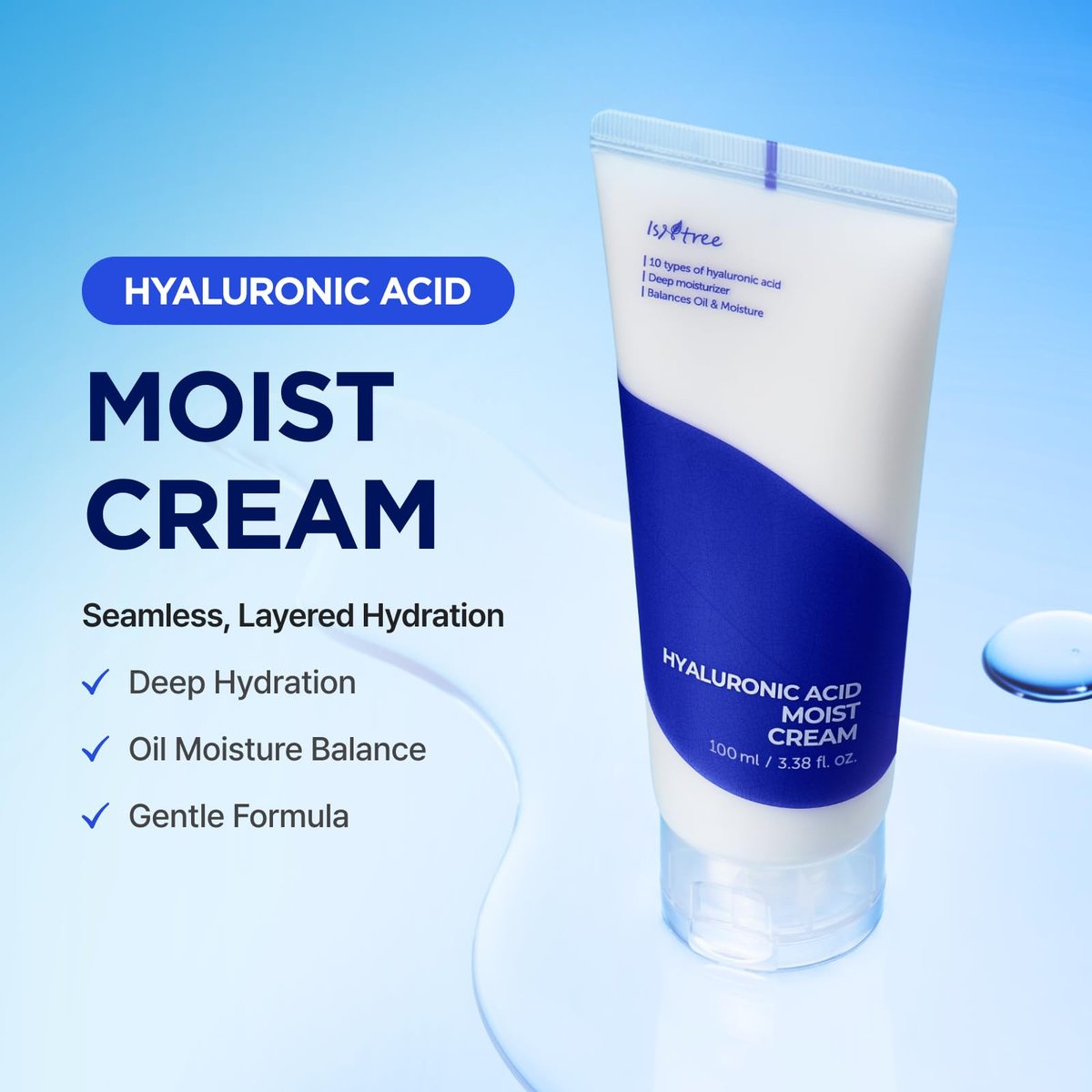 ISNTREE Hyaluronic Acid Moist Cream 100ml - Deep Hydration Face Moisturizer for Dry Skin, Balances Oil & Moisture, Lightweight & Non-Greasy, Fragrance-Free, Korean Skincare Avelisse