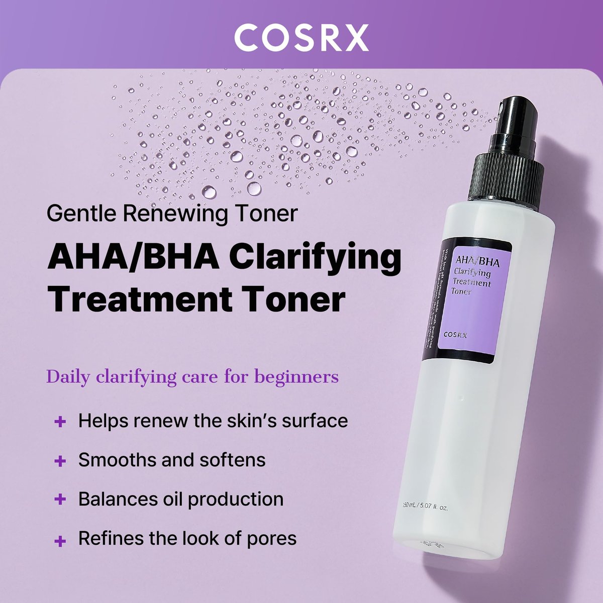COSRX AHA/BHA Treatment Toner - 5.07 fl.oz (150ml) - Facial Exfoliating Spray for Whiteheads, Pores & Uneven Skin - Korean Skin Care, Not Tested on Animals Avelisse