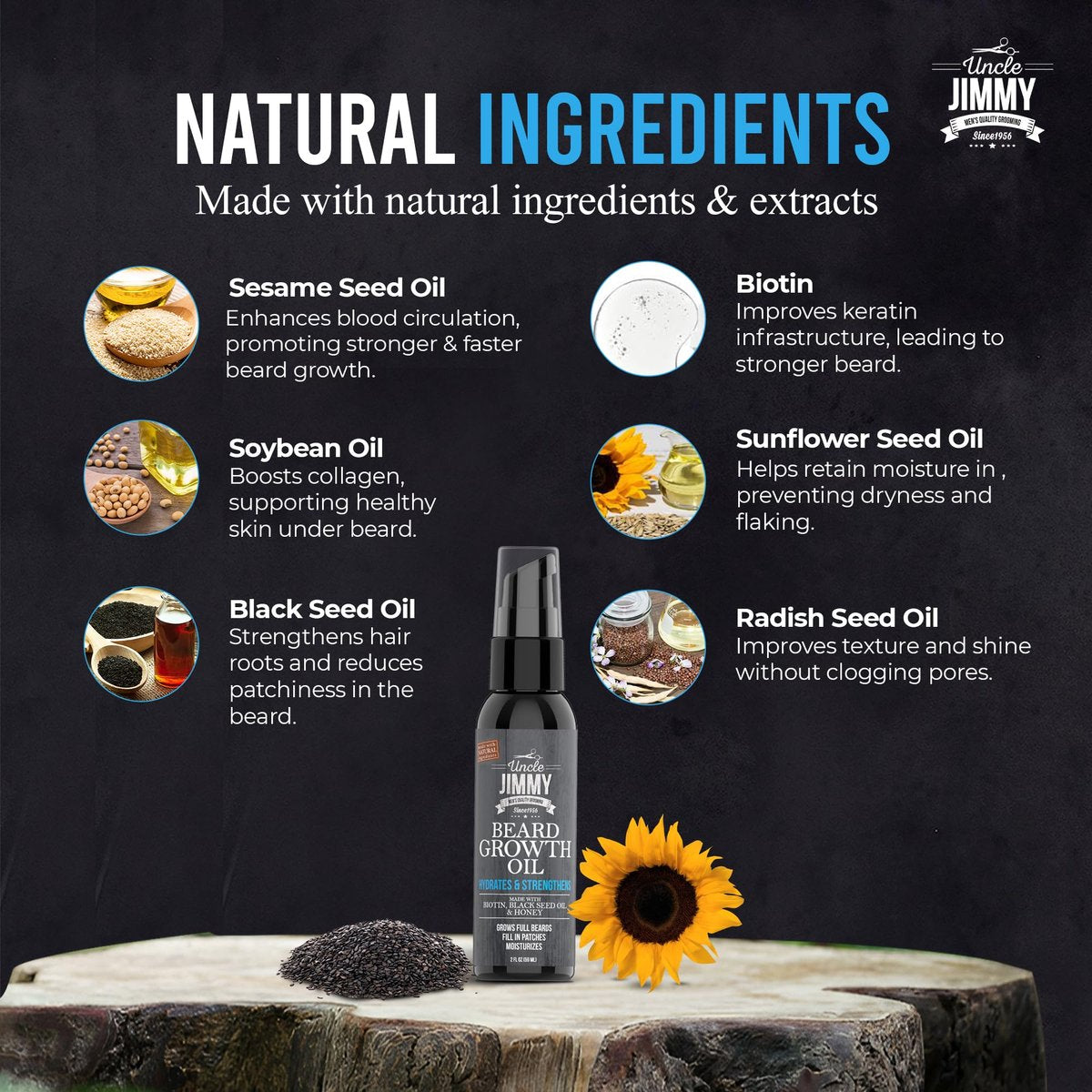 Uncle Jimmy Beard Growth Oil with Biotin – Natural Beard Care for Thicker, Fuller, Healthier Beard | Men's Facial Hair Treatment for Grooming | Increases Thickness and Volume 2 Fl Oz Avelisse