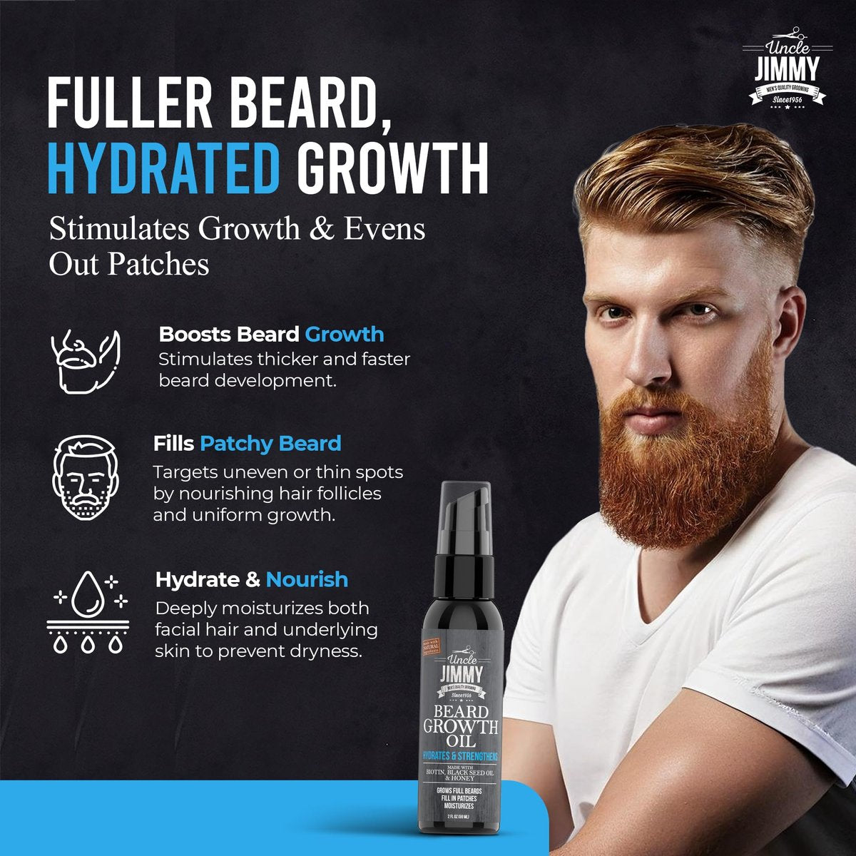 Uncle Jimmy Beard Growth Oil with Biotin – Natural Beard Care for Thicker, Fuller, Healthier Beard | Men's Facial Hair Treatment for Grooming | Increases Thickness and Volume 2 Fl Oz Avelisse