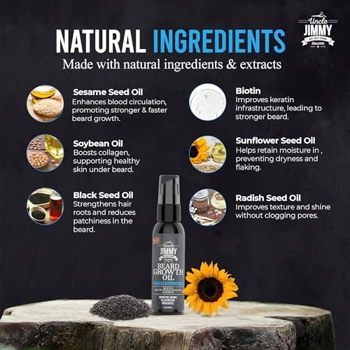 Uncle Jimmy Beard Growth Oil with Biotin – Natural Beard Care for Thicker, Fuller, Healthier Beard | Men's Facial Hair Treatment for Grooming | Increases Thickness and Volume 2 Fl Oz Avelisse