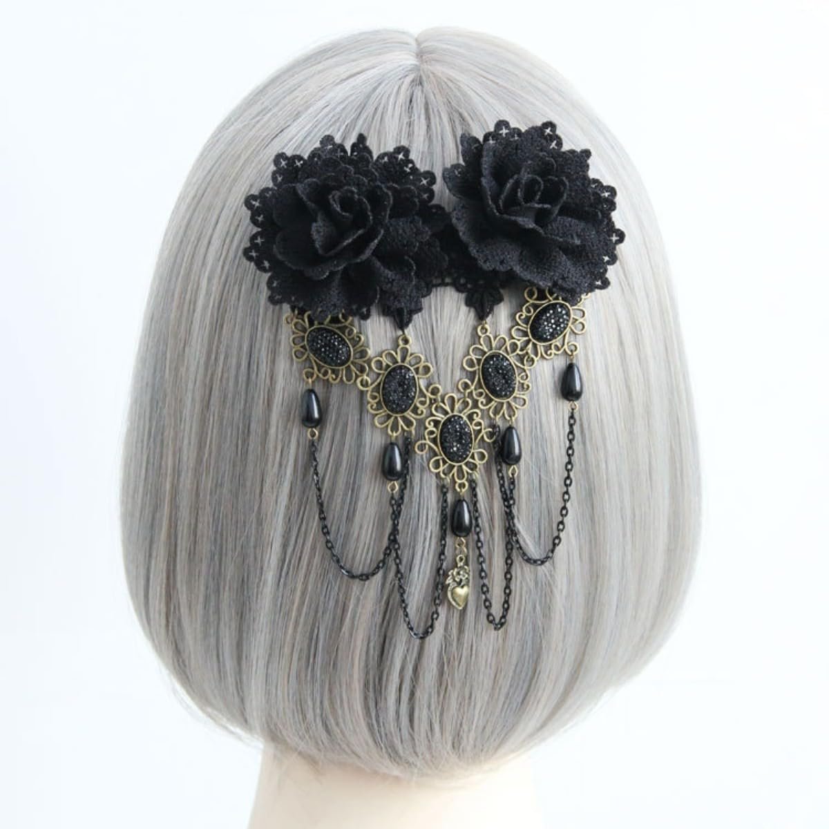 Gothic Vintage Black Lace Rose Flower Hair Clip with Pearl Chain Tassels - Barrettes for Women - görsel 5