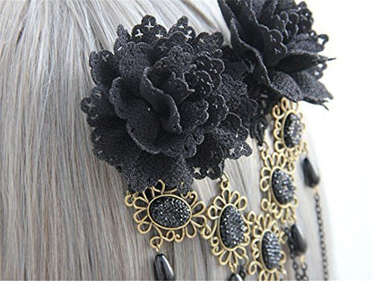 Gothic Vintage Black Lace Rose Flower Hair Clip with Pearl Chain Tassels - Barrettes for Women