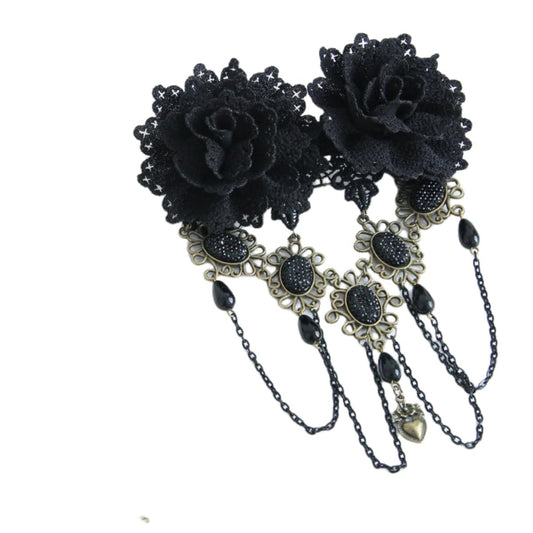 Gothic Vintage Black Lace Rose Flower Hair Clip with Pearl Chain Tassels - Barrettes for Women