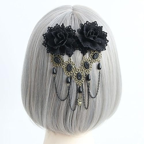 Gothic Vintage Black Lace Rose Flower Hair Clip with Pearl Chain Tassels - Barrettes for Women - görsel 6