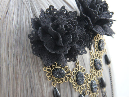 Gothic Vintage Black Lace Rose Flower Hair Clip with Pearl Chain Tassels - Barrettes for Women