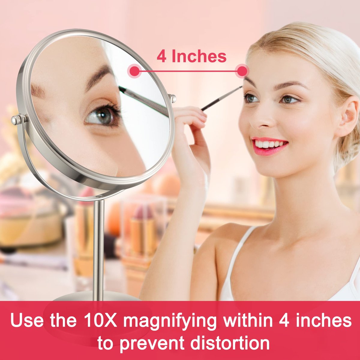 ALHAKIN 10x Magnifying Makeup Mirror, 8 Inch Tabletop Mirror with 1X/10X Magnification Double Sided, Standing Bathroom Makeup Mirror for Desk, Nickel Avelisse