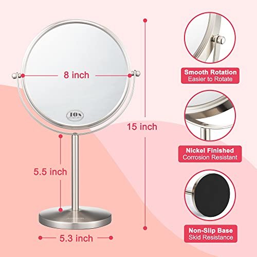 ALHAKIN 10x Magnifying Makeup Mirror, 8 Inch Tabletop Mirror with 1X/10X Magnification Double Sided, Standing Bathroom Makeup Mirror for Desk, Nickel Avelisse
