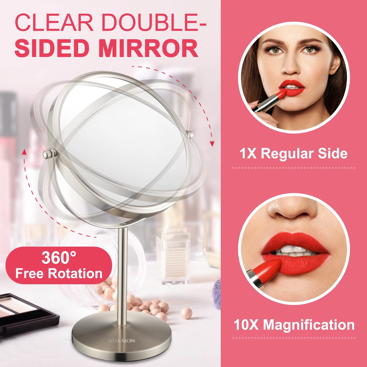 ALHAKIN 10x Magnifying Makeup Mirror, 8 Inch Tabletop Mirror with 1X/10X Magnification Double Sided, Standing Bathroom Makeup Mirror for Desk, Nickel Avelisse