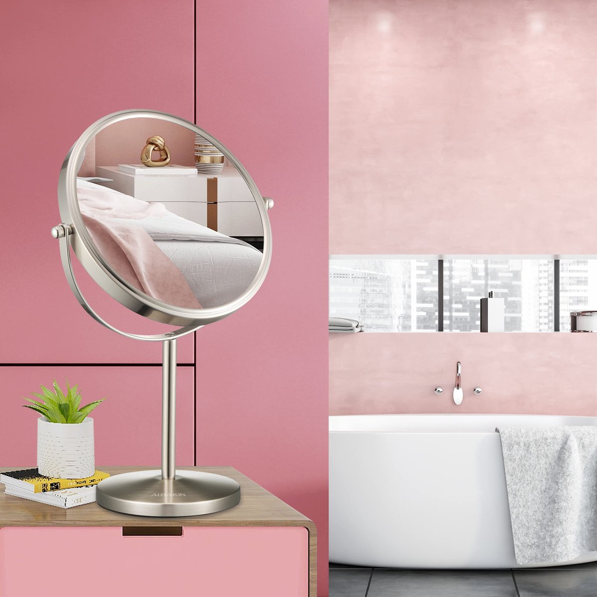 ALHAKIN 10x Magnifying Makeup Mirror, 8 Inch Tabletop Mirror with 1X/10X Magnification Double Sided, Standing Bathroom Makeup Mirror for Desk, Nickel Avelisse