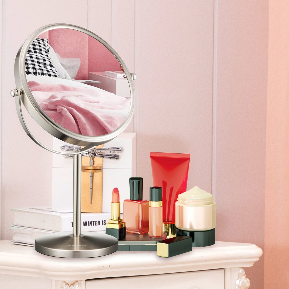 ALHAKIN 10x Magnifying Makeup Mirror, 8 Inch Tabletop Mirror with 1X/10X Magnification Double Sided, Standing Bathroom Makeup Mirror for Desk, Nickel Avelisse