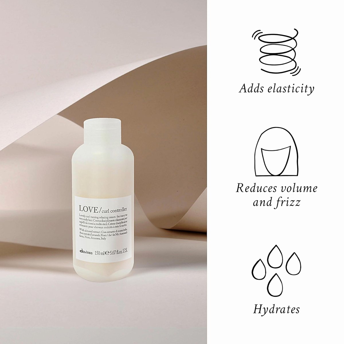 Davines LOVE Curl Controller - Anti-Frizz Cream for Wavy & Curly Hair, Defines Texture with Almond Extract, 5.07 Fl Oz Avelisse