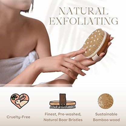 Rosena Dry Brushing Body Brush – Natural Boar Bristle Exfoliating Brush for Dry Skin, Lymphatic Drainage & Cellulite Treatment – Organic Spa Massage Scrub Brush with Bamboo Handle