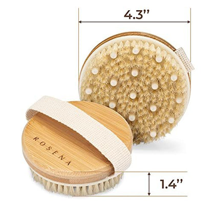 Rosena Dry Brushing Body Brush – Natural Boar Bristle Exfoliating Brush for Dry Skin, Lymphatic Drainage & Cellulite Treatment – Organic Spa Massage Scrub Brush with Bamboo Handle