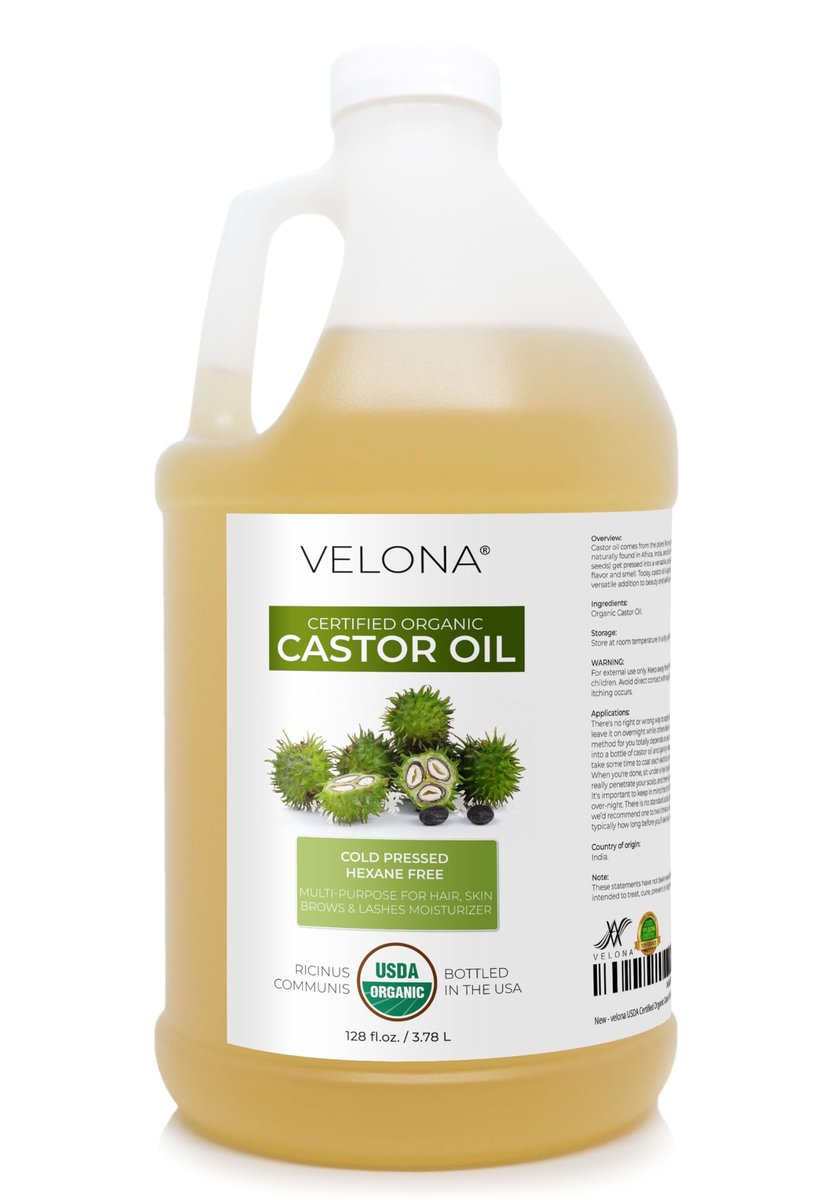 velona USDA Certified Organic Castor Oil - 1 Gallon / 128 Fl Oz | Cold Pressed, Hexane Free, USP Grade for Hair, Eyelashes & Eyebrows Avelisse