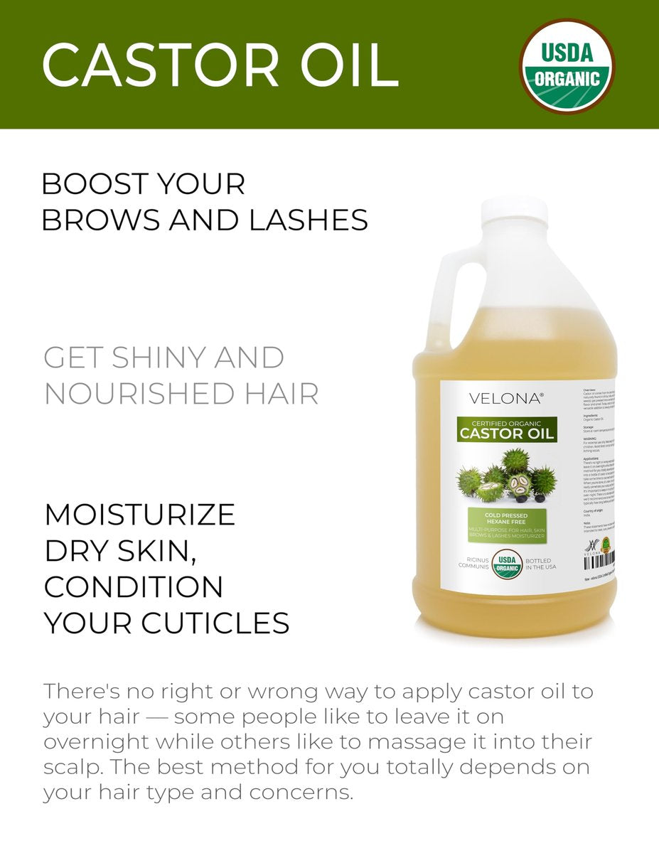 velona USDA Certified Organic Castor Oil - 1 Gallon / 128 Fl Oz | Cold Pressed, Hexane Free, USP Grade for Hair, Eyelashes & Eyebrows Avelisse