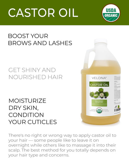 velona USDA Certified Organic Castor Oil - 1 Gallon / 128 Fl Oz | Cold Pressed, Hexane Free, USP Grade for Hair, Eyelashes & Eyebrows Avelisse