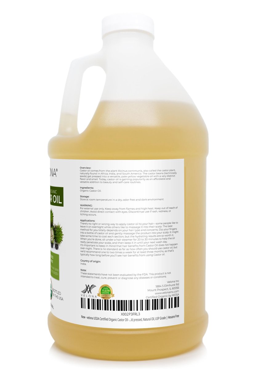 velona USDA Certified Organic Castor Oil - 1 Gallon / 128 Fl Oz | Cold Pressed, Hexane Free, USP Grade for Hair, Eyelashes & Eyebrows Avelisse
