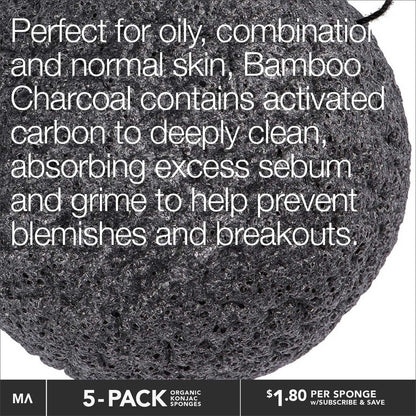 Minamul Konjac Exfoliating Organic Facial Sponge Set – 5 Pack Bamboo Activated Charcoal Sponges for Gentle Daily Face Scrub & Makeup Remover, Safe for Oily, Dry, Combination or Sensitive Skin