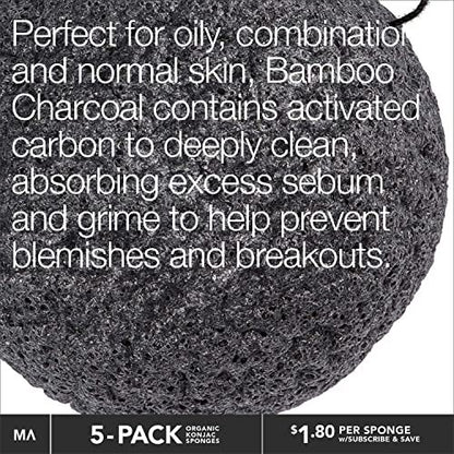Minamul Konjac Exfoliating Organic Facial Sponge Set – 5 Pack Bamboo Activated Charcoal Sponges for Gentle Daily Face Scrub & Makeup Remover, Safe for Oily, Dry, Combination or Sensitive Skin