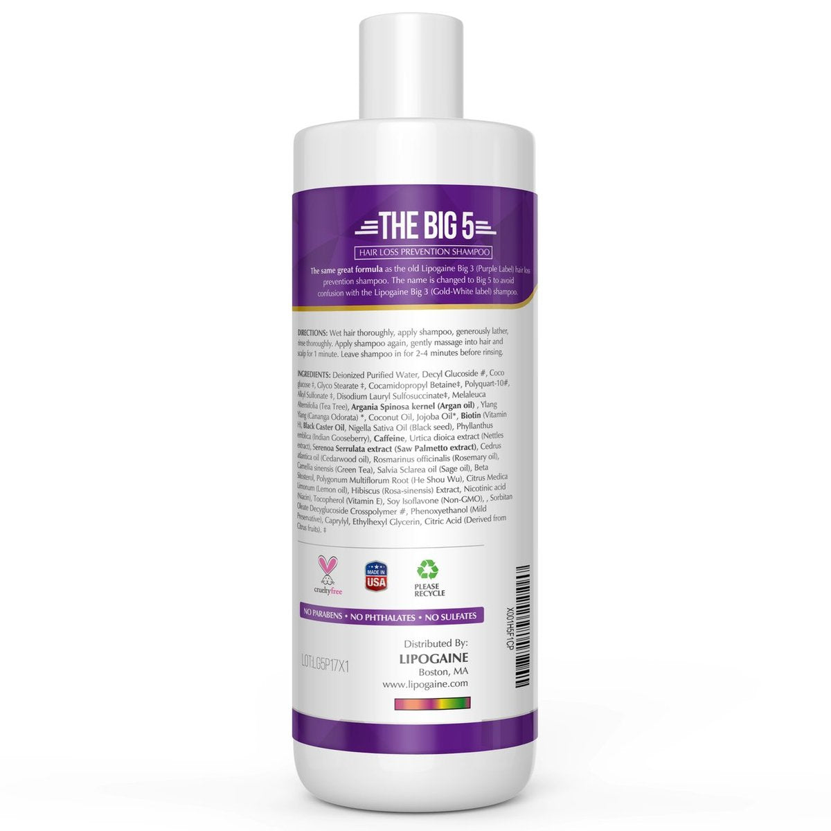 Lipogaine Big 5 Hair Stimulating Shampoo – Biotin, Caffeine, Argan Oil, Castor Oil & Saw Palmetto for Hair Thinning & Breakage – Men and Women – Purple Avelisse