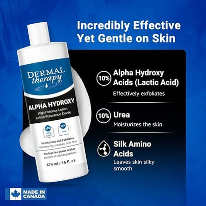 Dermal Therapy Alpha Hydroxy Lotion – 10% Urea + 10% Lactic Acid, Fragrance-Free Body Lotion for Dry, Cracked Skin, Non-Greasy Exfoliating Moisturizer & Keratosis Pilaris Treatment, 16 fl oz (474 ml) Avelisse