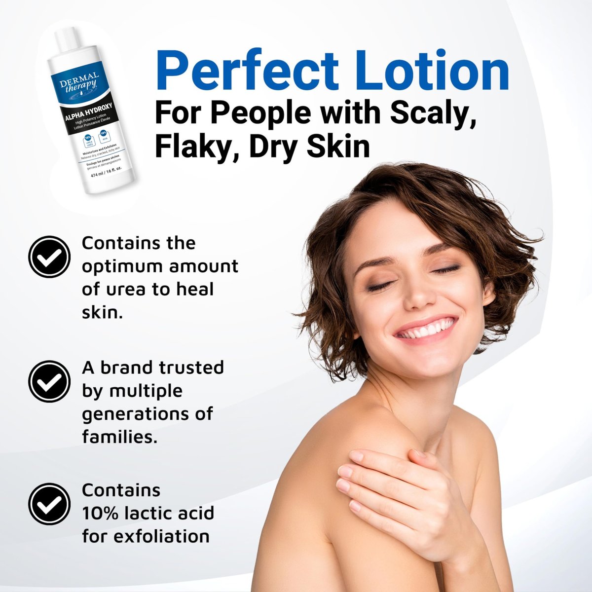 Dermal Therapy Alpha Hydroxy Lotion – 10% Urea + 10% Lactic Acid, Fragrance-Free Body Lotion for Dry, Cracked Skin, Non-Greasy Exfoliating Moisturizer & Keratosis Pilaris Treatment, 16 fl oz (474 ml) Avelisse